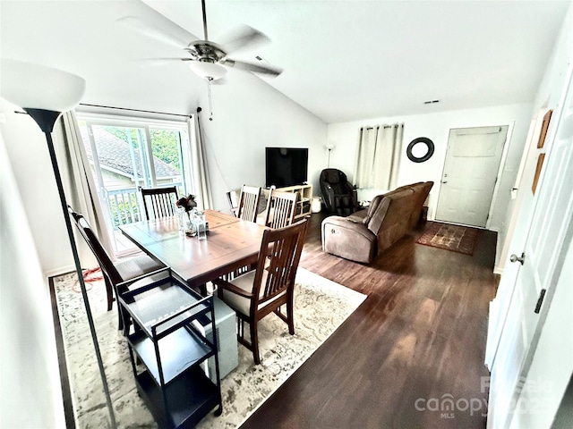 6007 Crosswood Ct, Charlotte, NC 28215 - dining space with lofted ceiling, dark wood finished floors, and ceiling fan