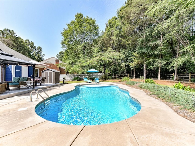 7139 Powder Mill Pl, Charlotte, NC 28277 - view of pool featuring a shed, a fenced backyard, a patio area, and a gazebo