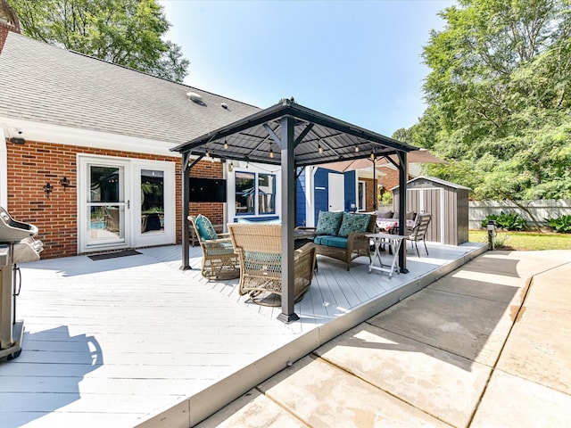 7139 Powder Mill Pl, Charlotte, NC 28277 - deck with a shed, outdoor lounge area, and a gazebo