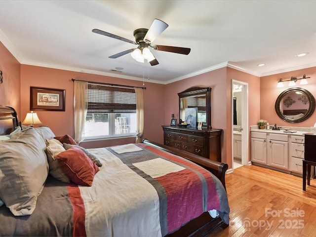 7139 Powder Mill Pl, Charlotte, NC 28277 - bedroom with multiple windows, light wood-style flooring, crown molding, connected bathroom, and ceiling fan