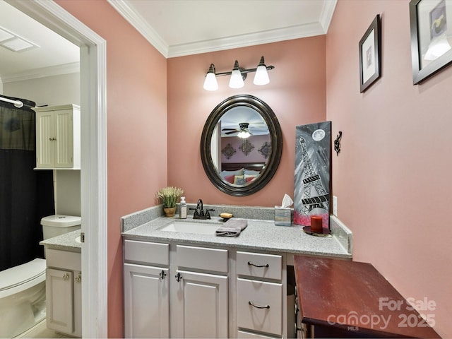 7139 Powder Mill Pl, Charlotte, NC 28277 - full bathroom with vanity, crown molding, a shower with shower curtain, and ceiling fan