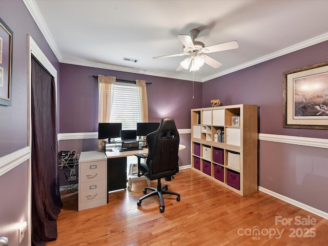 7139 Powder Mill Pl, Charlotte, NC 28277 - office space featuring a ceiling fan, light wood-type flooring, and ornamental molding