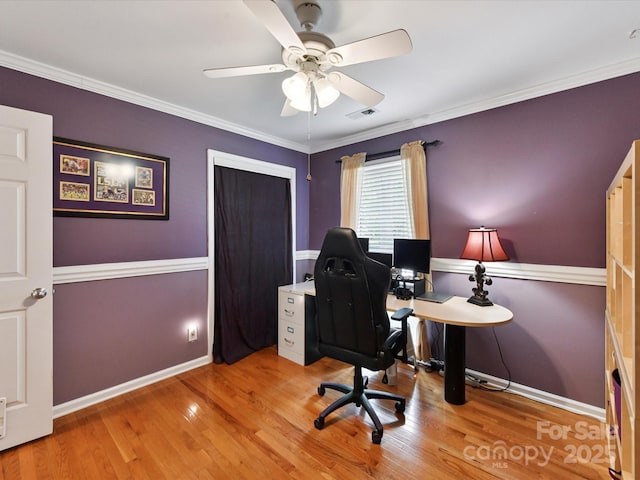 7139 Powder Mill Pl, Charlotte, NC 28277 - office space with a ceiling fan, wood finished floors, and crown molding
