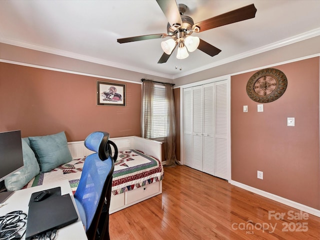 7139 Powder Mill Pl, Charlotte, NC 28277 - bedroom featuring light wood-type flooring, crown molding, a closet, and a ceiling fan