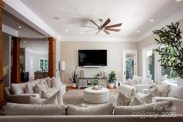 175 Rehoboth Ln, Mooresville, NC 28117 - living area with ornate columns, a ceiling fan, wood finished floors, ornamental molding, and recessed lighting