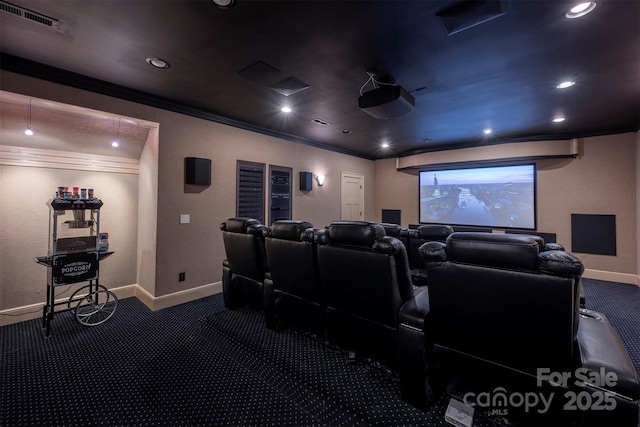 175 Rehoboth Ln, Mooresville, NC 28117 - carpeted home theater featuring ornamental molding and recessed lighting