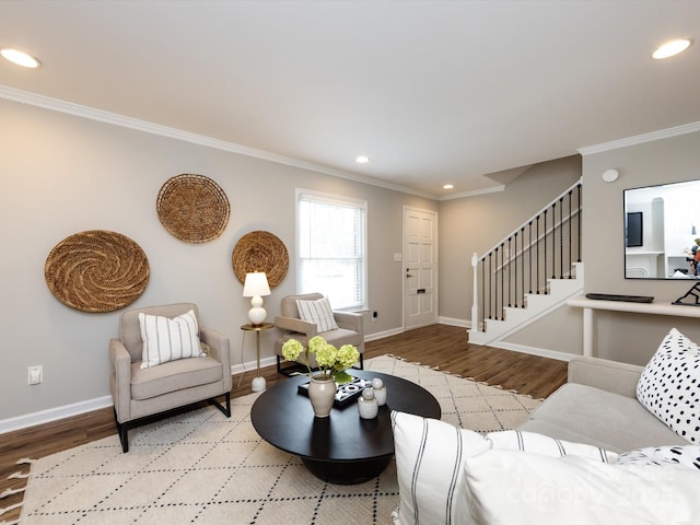 1708 Roxborough Rd Unit C, Charlotte, NC 28211 - living area featuring crown molding, stairs, wood finished floors, and recessed lighting