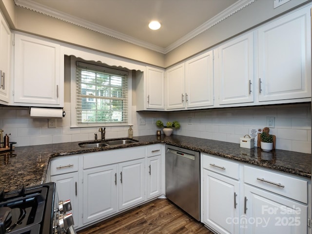 1708 Roxborough Rd Unit C, Charlotte, NC 28211 - kitchen featuring dishwasher, ornamental molding, gas stove, and white cabinets