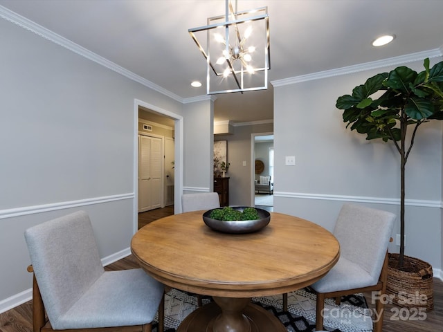 1708 Roxborough Rd Unit C, Charlotte, NC 28211 - dining area featuring ornamental molding, a chandelier, wood finished floors, and recessed lighting