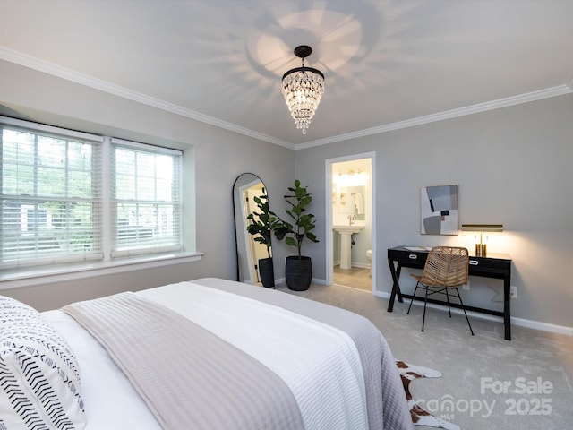 1708 Roxborough Rd Unit C, Charlotte, NC 28211 - bedroom with crown molding, a chandelier, light colored carpet, and ensuite bathroom