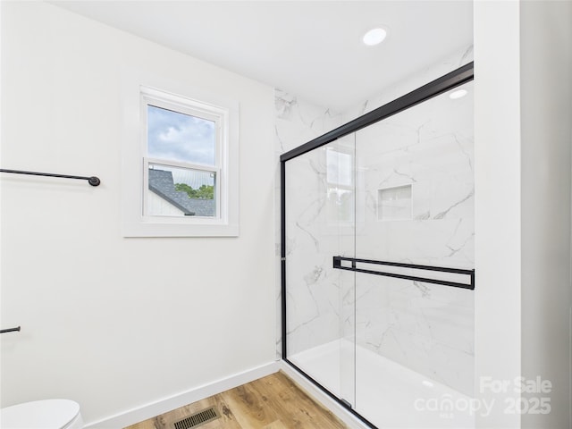 3016 Icard Rhodhiss Rd, Connelly Springs, NC 28612 - bathroom with a marble finish shower, wood finished floors, and recessed lighting