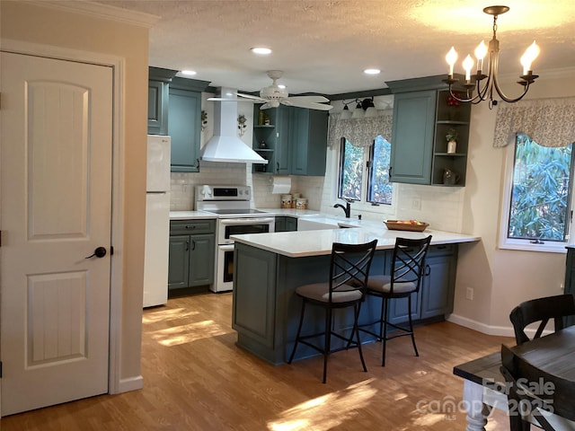 31 Rhododendron Rd, Black Mountain, NC 28711 - kitchen featuring white appliances, custom exhaust hood, open shelves, ornamental molding, and a peninsula