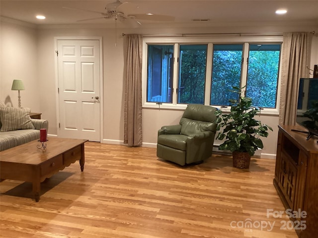 31 Rhododendron Rd, Black Mountain, NC 28711 - living area featuring light wood-style floors, a ceiling fan, recessed lighting, and ornamental molding