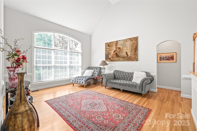 1069 Westlake Dr, Kannapolis, NC 28081 - living area with light wood finished floors, high vaulted ceiling, and arched walkways