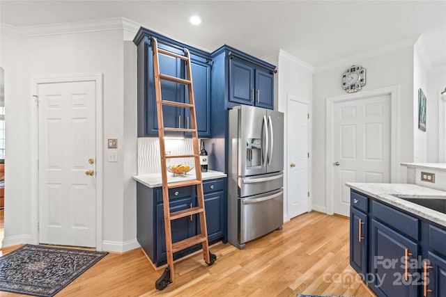 1069 Westlake Dr, Kannapolis, NC 28081 - kitchen featuring stainless steel refrigerator with ice dispenser, blue cabinets, ornamental molding, light wood-style flooring, and recessed lighting