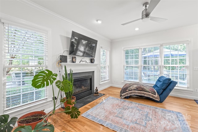 1069 Westlake Dr, Kannapolis, NC 28081 - sitting room featuring wood finished floors, a glass covered fireplace, a ceiling fan, crown molding, and recessed lighting