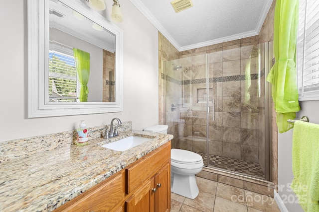 611 Church St, Belmont, NC 28012 - full bathroom with ornamental molding, vanity, a shower stall, and a textured ceiling