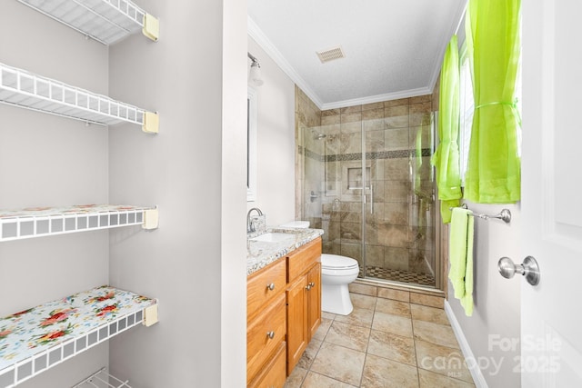 611 Church St, Belmont, NC 28012 - bathroom with crown molding, a stall shower, and vanity
