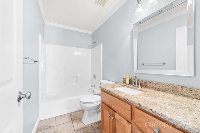 611 Church St, Belmont, NC 28012 - bathroom with vanity, crown molding, tub / shower combination, tile patterned floors, and a textured ceiling