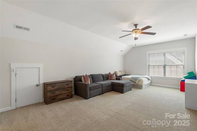 11806 Stirling Field Dr, Pineville, NC 28134 - living area with carpet, a ceiling fan, and lofted ceiling