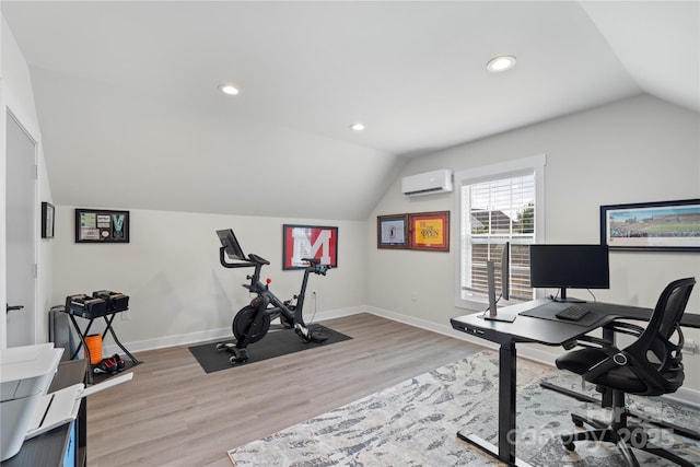 11806 Stirling Field Dr, Pineville, NC 28134 - home office featuring an AC wall unit, lofted ceiling, wood finished floors, and recessed lighting