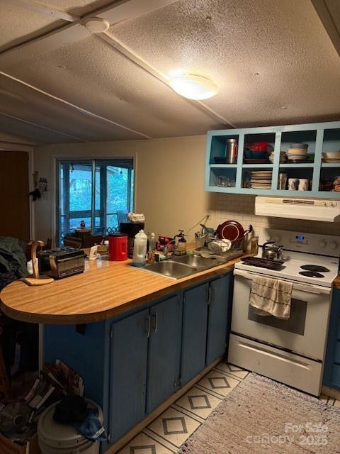 63 Apple Bee Rd, Brevard, NC 28712 - kitchen with under cabinet range hood, white range with electric stovetop, a peninsula, a textured ceiling, and open shelves