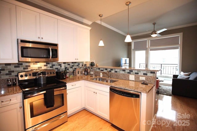 230 S Tryon St Unit 304, Charlotte, NC 28202 - kitchen featuring appliances with stainless steel finishes, crown molding, a peninsula, light wood-style flooring, and tasteful backsplash