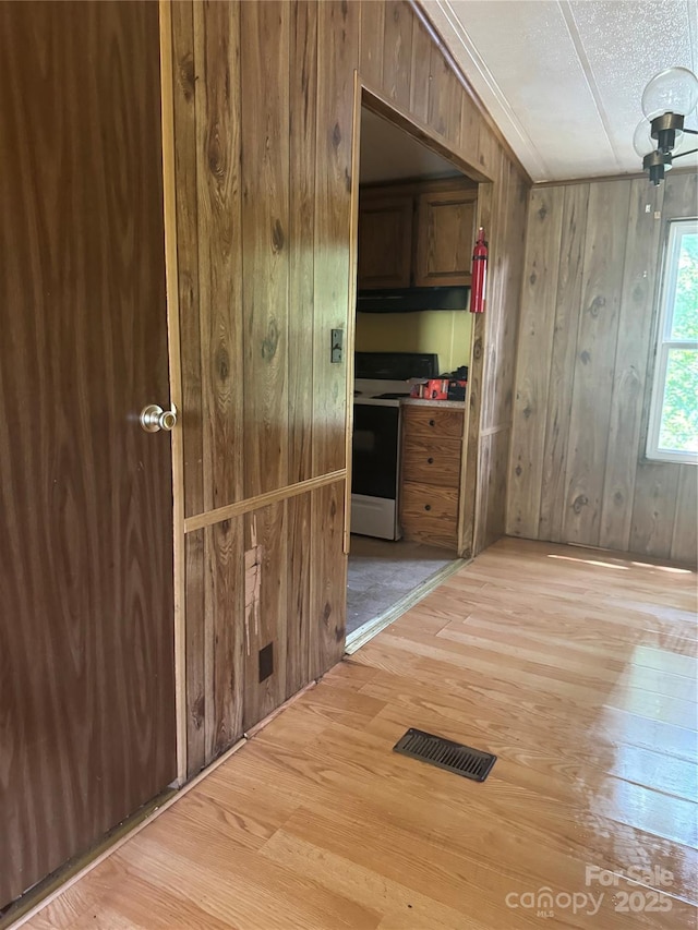 107 Round Pond Rd, Rutherfordton, NC 28139 - hall with wooden walls, light wood-type flooring, and a textured ceiling