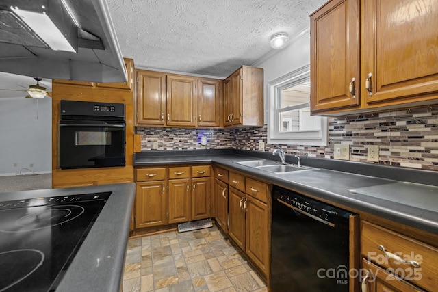 7011 S Providence Rd, Waxhaw, NC 28173 - kitchen with black appliances, ceiling fan, brown cabinetry, decorative backsplash, and a textured ceiling
