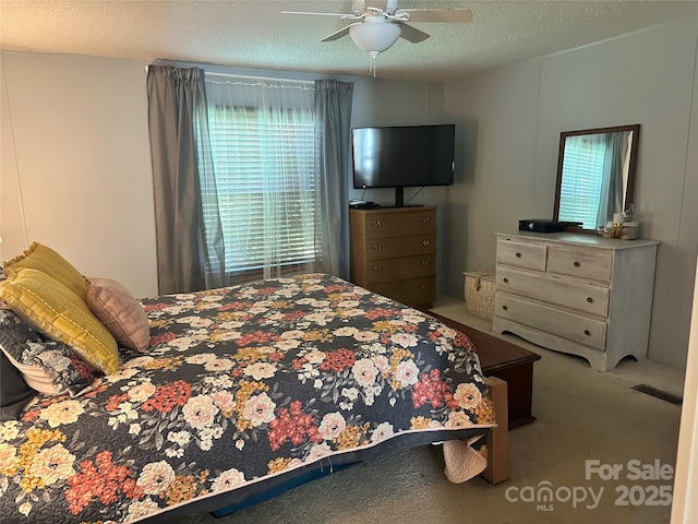 117 Haystack Ln, Olin, NC 28660 - bedroom with multiple windows, a textured ceiling, carpet floors, and ceiling fan