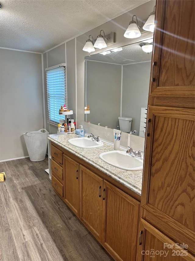 117 Haystack Ln, Olin, NC 28660 - full bathroom with wood finished floors, double vanity, and a textured ceiling