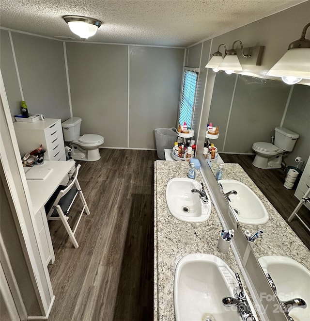 117 Haystack Ln, Olin, NC 28660 - bathroom with a textured ceiling, double vanity, and wood finished floors
