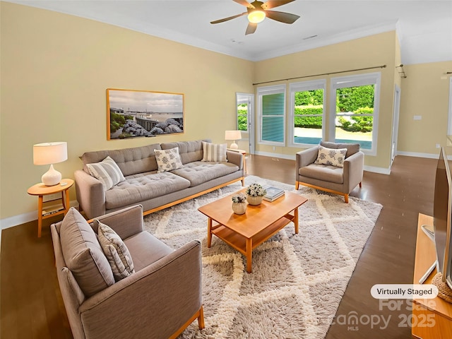 13419 Morgan Lee Ave, Charlotte, NC 28213 - living room with ceiling fan, wood finished floors, healthy amount of natural light, and ornamental molding