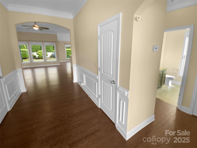 13419 Morgan Lee Ave, Charlotte, NC 28213 - hallway with ornamental molding, dark wood-style flooring, arched walkways, and wainscoting