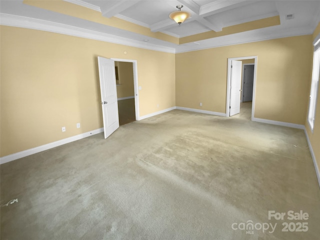 13419 Morgan Lee Ave, Charlotte, NC 28213 - unfurnished bedroom with ornamental molding, coffered ceiling, beam ceiling, light carpet, and a spacious closet