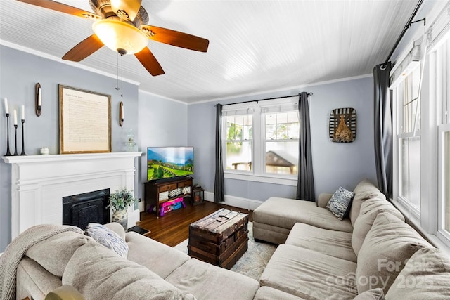 1210 Jackson Rd, Gastonia, NC 28052 - living room featuring a fireplace, wood finished floors, ornamental molding, and ceiling fan