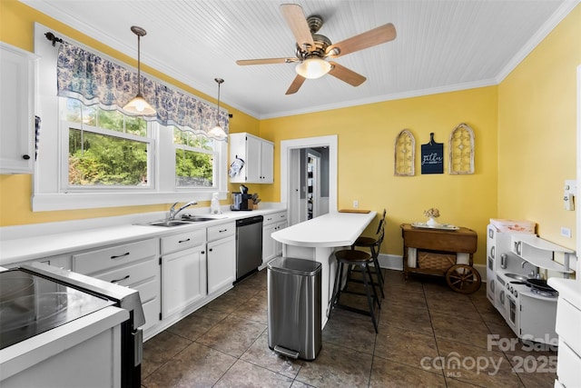1210 Jackson Rd, Gastonia, NC 28052 - kitchen featuring black range with electric cooktop, stainless steel dishwasher, ceiling fan, white cabinetry, and ornamental molding