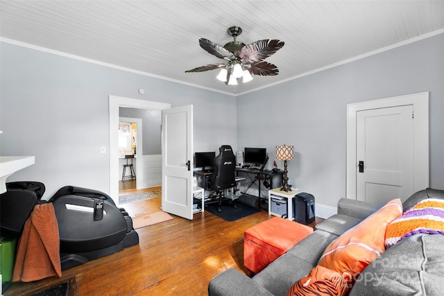 1210 Jackson Rd, Gastonia, NC 28052 - living room with an office area, wood finished floors, ceiling fan, and ornamental molding