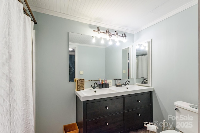 904 Venus St, Kannapolis, NC 28083 - full bathroom with ornamental molding, double vanity, and curtained shower