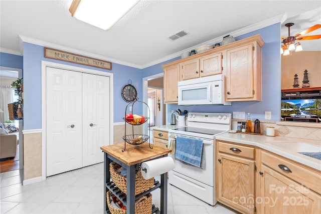 4313 Wynborough Ln, Charlotte, NC 28269 - kitchen with white appliances, light brown cabinets, crown molding, and light countertops