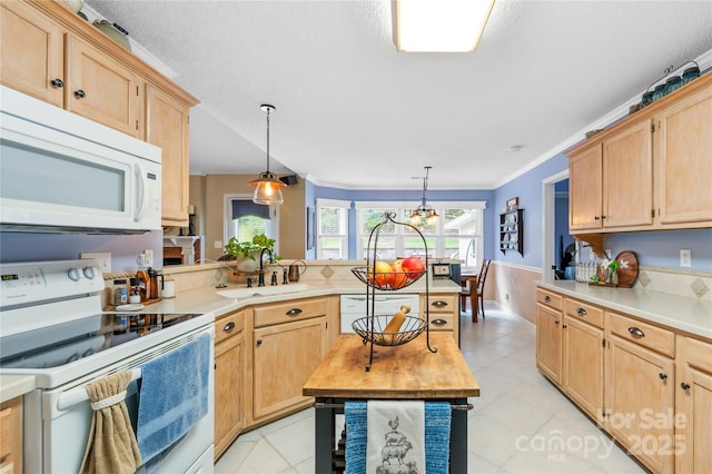4313 Wynborough Ln, Charlotte, NC 28269 - kitchen with white appliances, light brown cabinets, a peninsula, decorative light fixtures, and a wainscoted wall