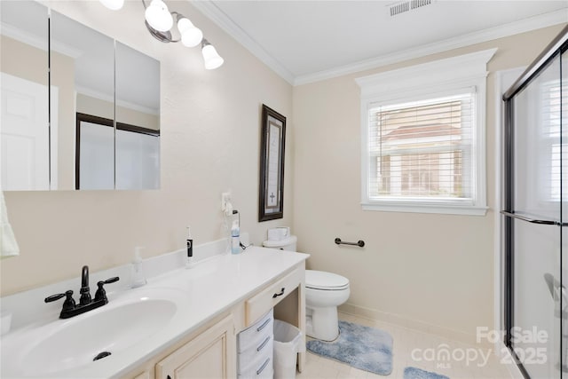 4313 Wynborough Ln, Charlotte, NC 28269 - bathroom with an enclosed shower, vanity, crown molding, and tile patterned flooring