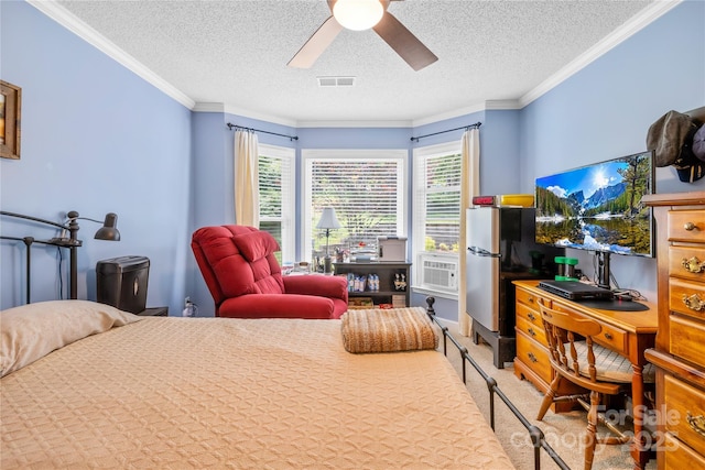 4313 Wynborough Ln, Charlotte, NC 28269 - bedroom featuring a textured ceiling, crown molding, carpet flooring, and ceiling fan