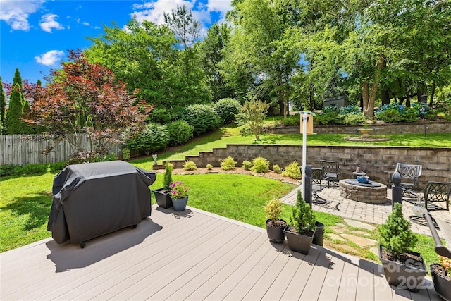 4313 Wynborough Ln, Charlotte, NC 28269 - wooden deck featuring grilling area, a patio area, and a fire pit