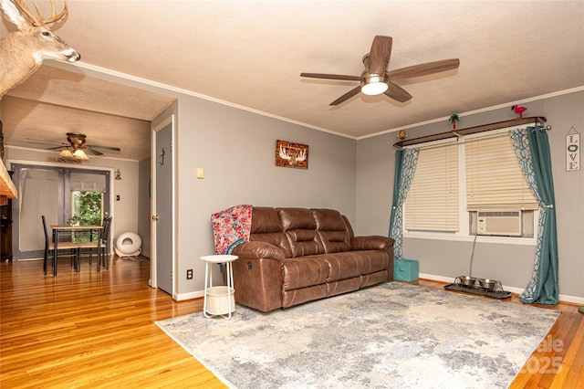 47 Campground Rd, Asheville, NC 28805 - living area with a ceiling fan, cooling unit, wood finished floors, a textured ceiling, and crown molding