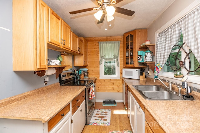47 Campground Rd, Asheville, NC 28805 - kitchen featuring stainless steel electric range oven, open shelves, white microwave, light countertops, and a textured ceiling