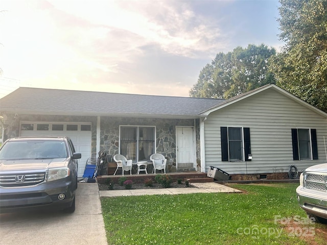1250 Landsdowne Dr, Conover, NC 28613 - single story home with covered porch, a garage, a front lawn, concrete driveway, and a shingled roof