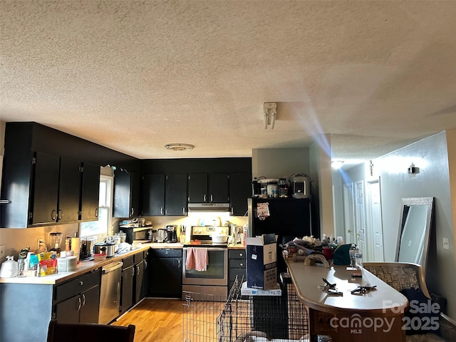 1250 Landsdowne Dr, Conover, NC 28613 - kitchen featuring stainless steel appliances, dark cabinetry, a textured ceiling, light wood-type flooring, and light countertops