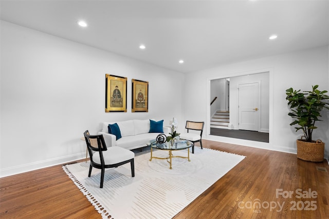 3701 Table Rock Rd, Charlotte, NC 28226 - living room featuring stairway, wood finished floors, and recessed lighting
