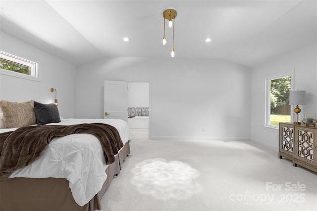 3701 Table Rock Rd, Charlotte, NC 28226 - bedroom featuring lofted ceiling, light carpet, recessed lighting, and connected bathroom